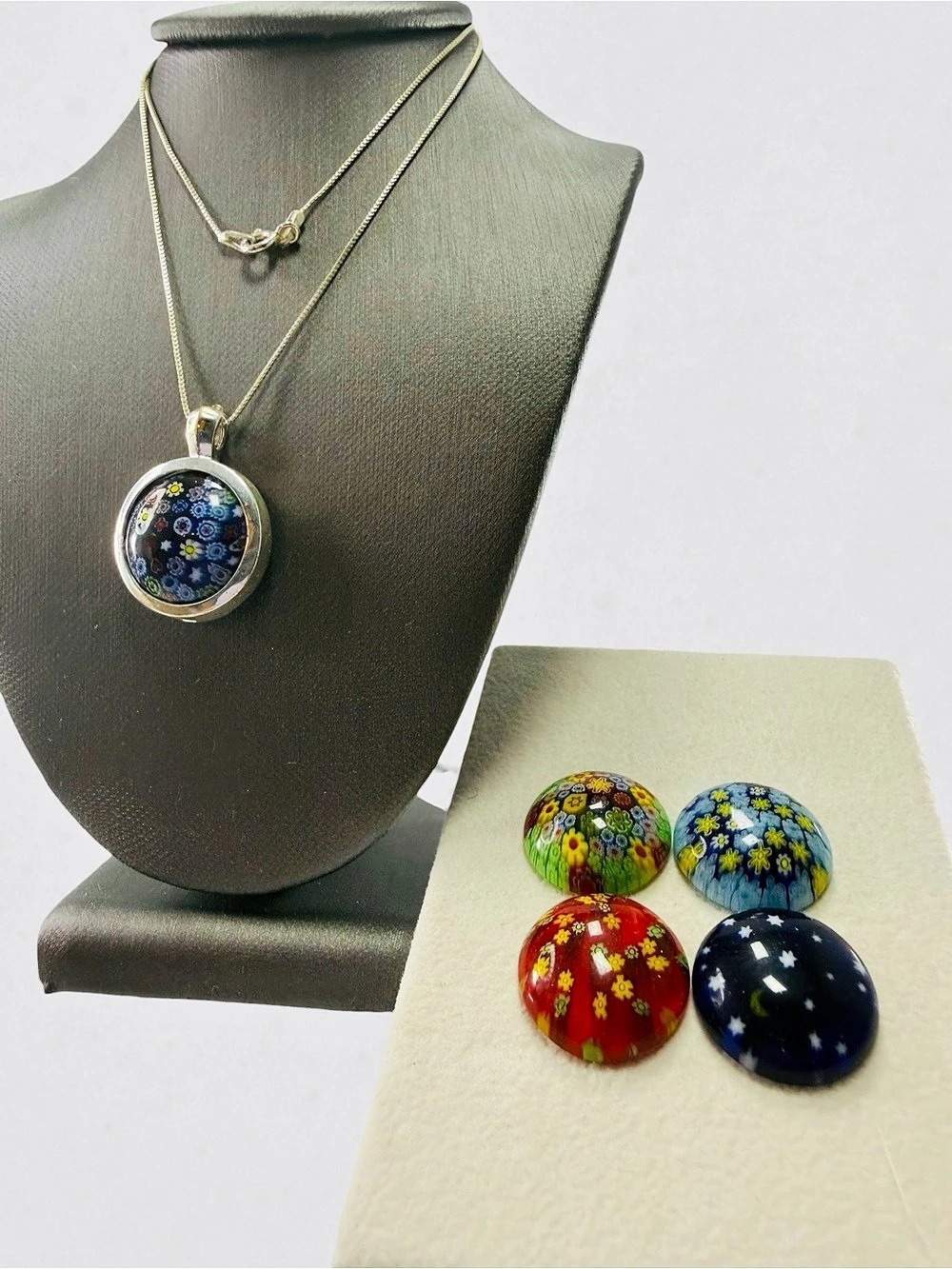 Sterling Silver 925 Interchangeable Millefiori Pendant Necklace 16” Round Disc